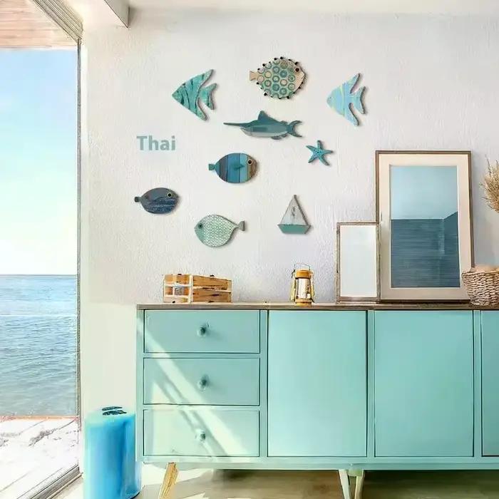 Décoration murale de poisson en bois suspendue, thème de plage, salle de bain, Art nautique, océan c
