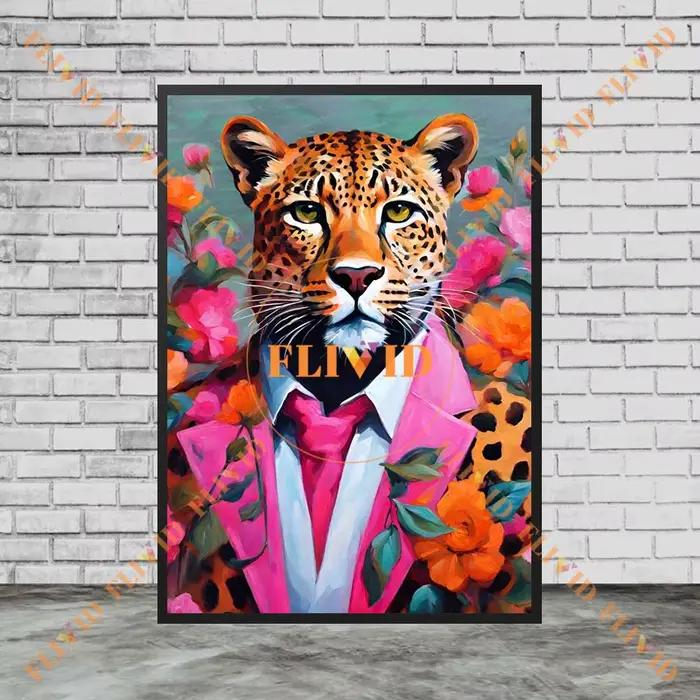 Affiche murale drôle de fleurs de léopard, images d'animaux à la mode pour décor de salon, peinture 