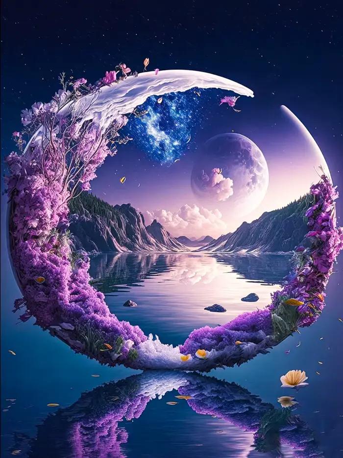 Peinture de diamant de lune violette, broderie de paysage de diamant 5D, ensemble de point de croix,