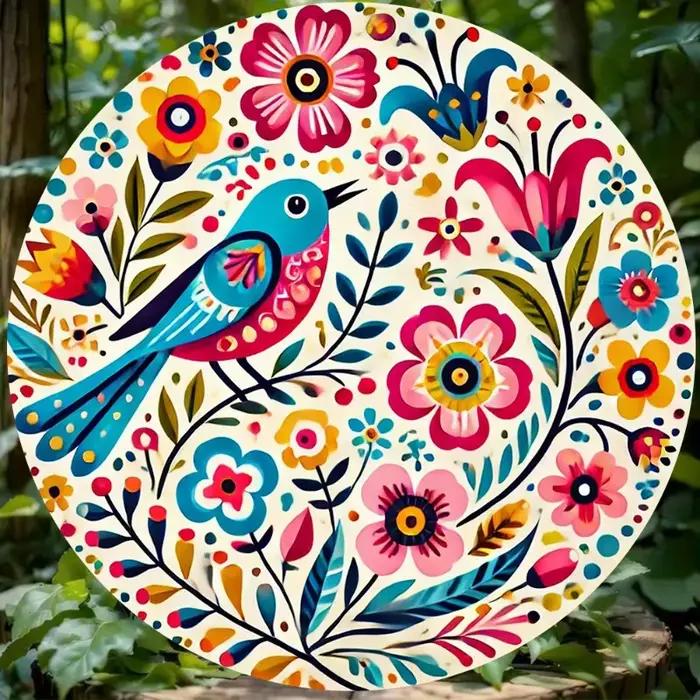 Art mural rond oiseau et fleur coloré 2D |    Impression en aluminium, décor résistant à la décolora