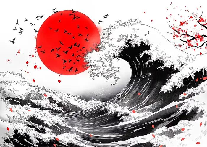 Affiche de peinture à l'encre de paysage japonais, fleurs de cerisier de montagne, Dragon samouraï K