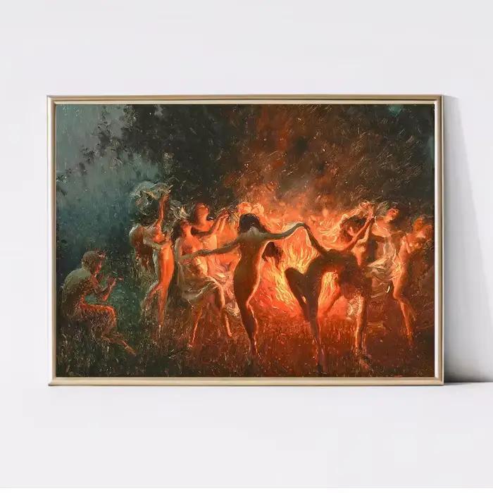 Affiche d'art de Joseph Tomanek, impression sur toile, sorcières, magie, nymphes, danse du feu, gran