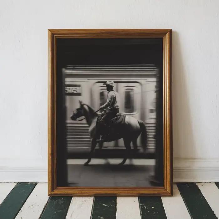 Vintage NYC Cowboy métro mur Art impression noir et blanc Western New York ville affiche sport Art i