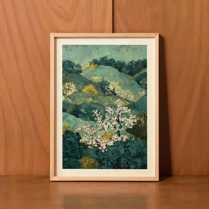 Art mural de paysage oriental serein - Impression peinturée luxurante d'une vallée fleurie alliant d