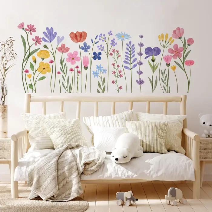 Autocollants muraux style Boho, vignes de fleurs sauvages, aquarelle colorée, ligne de plinthe flora