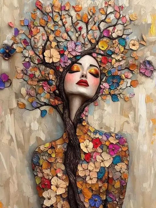 Peinture sur toile style Gustav Klimt, mosaïque Arbre de Vie, déesse des fleurs, affiche d'art flora