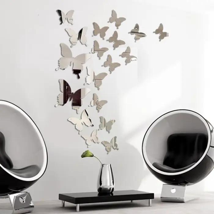 Autocollant mural miroir papillon 3D, 12 pièces/lot, décalcomanie, art parfait, décoration de mariag