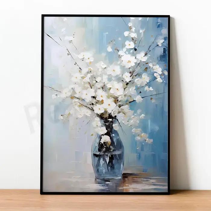 Art floral, bouquet de fleurs blanches dans un vase sur fond bleu élégant, imprimé floral, arbre sak
