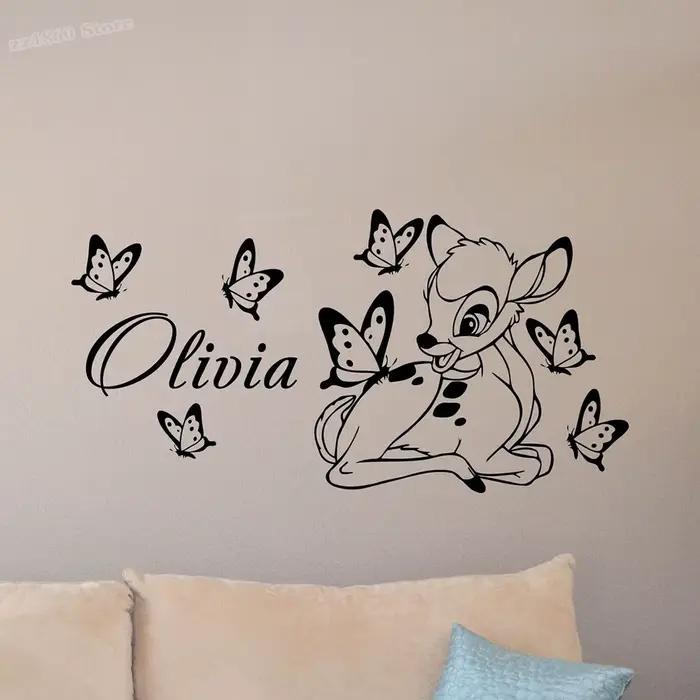 Bambi – autocollant mural personnalisé avec nom de bébé, papier peint décoratif en vinyle pour chamb