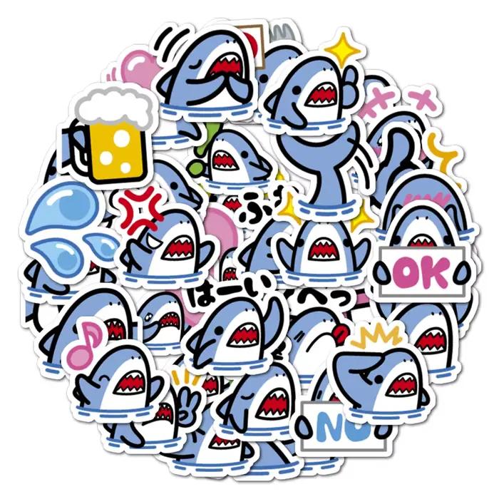 40 autocollants mignons de style dessin animé de petits requins, dessinés à la main – fournitures po