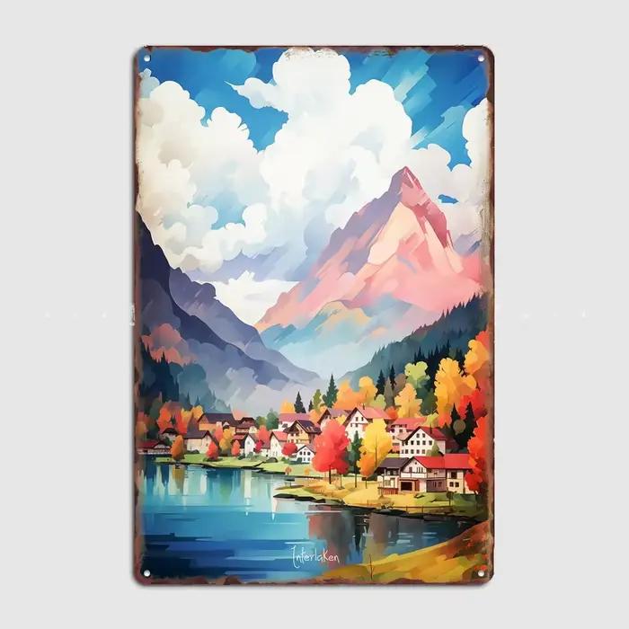 INTERLAKEN Affiche Métallique Rétro Paysage Touristique Peinture à l'Huile Décoration Murale Intérie
