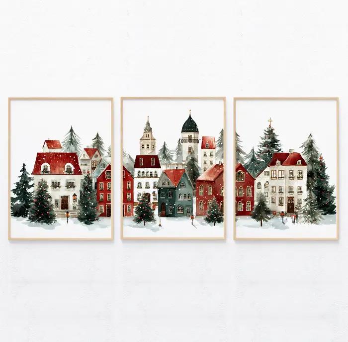 Ensemble d'imprimés de Village de noël, 3 peintures de ville d'hiver enneigées, affiche imprimée pou