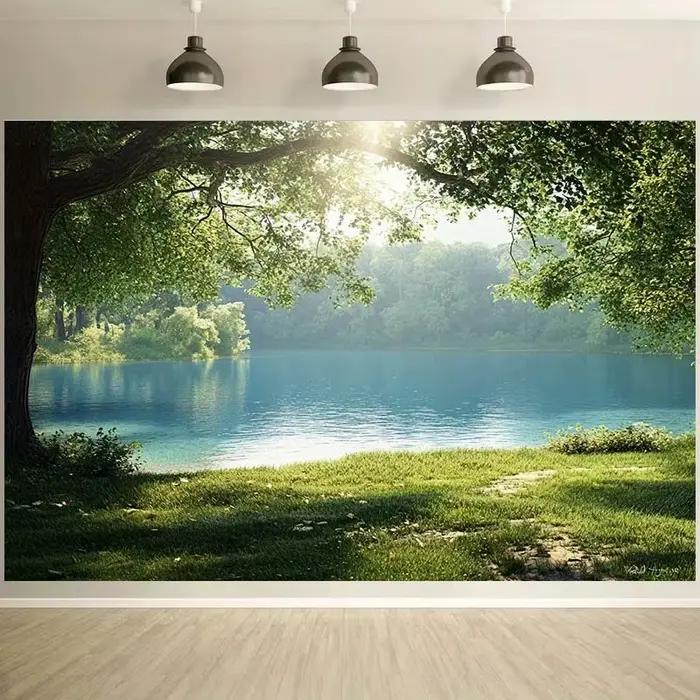 Peinture de paysage de lac serein - Fond d'écran avec arbre vert, idéal pour la décoration intérieur