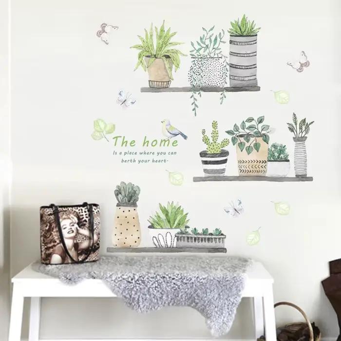 Autocollant Mural de Style peinture de plantes en pot, Stickers artistiques, décorations de fond de 