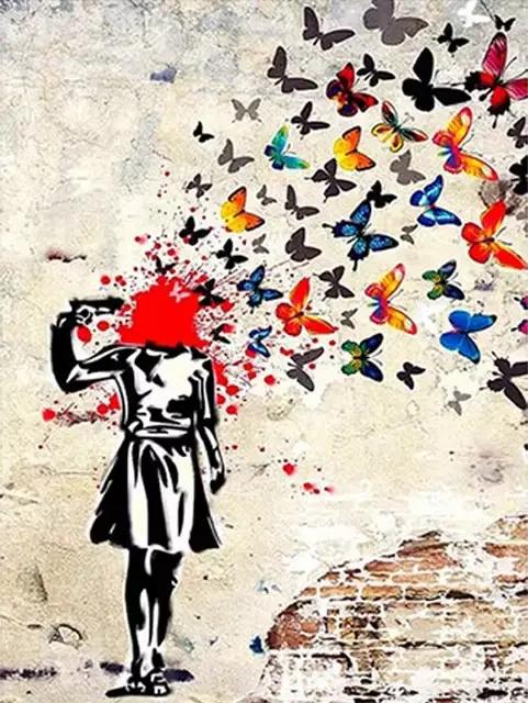Banksy-Affiche Murale Abstraite avec Fille Papillon, Toile HD, Imprimés pour Décor de Salon, Peintur