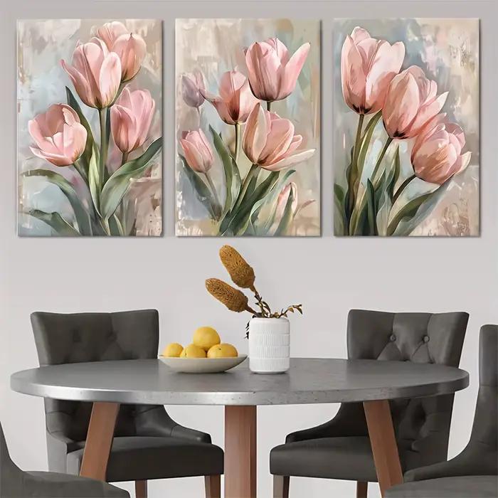 3 pièces de peintures décoratives sur toile de tulipe rose minimaliste moderne avec salon de style n