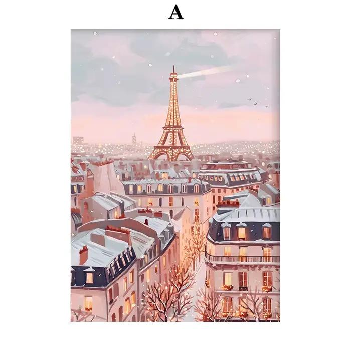 à Paris maison de neige arbre de noël ville enneigée mode mur Art toile peinture nordique affiche dé