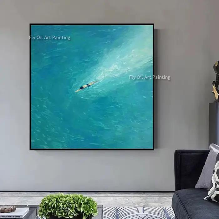 Décoration murale originale « Blue Green People Set Sail » pour chambre, peinture à l'huile sur toil
