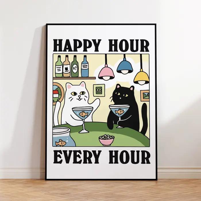 Happy Hour Every Hour – imprimés d'art mural de chat de dessin animé, peinture sur toile, affiche ph