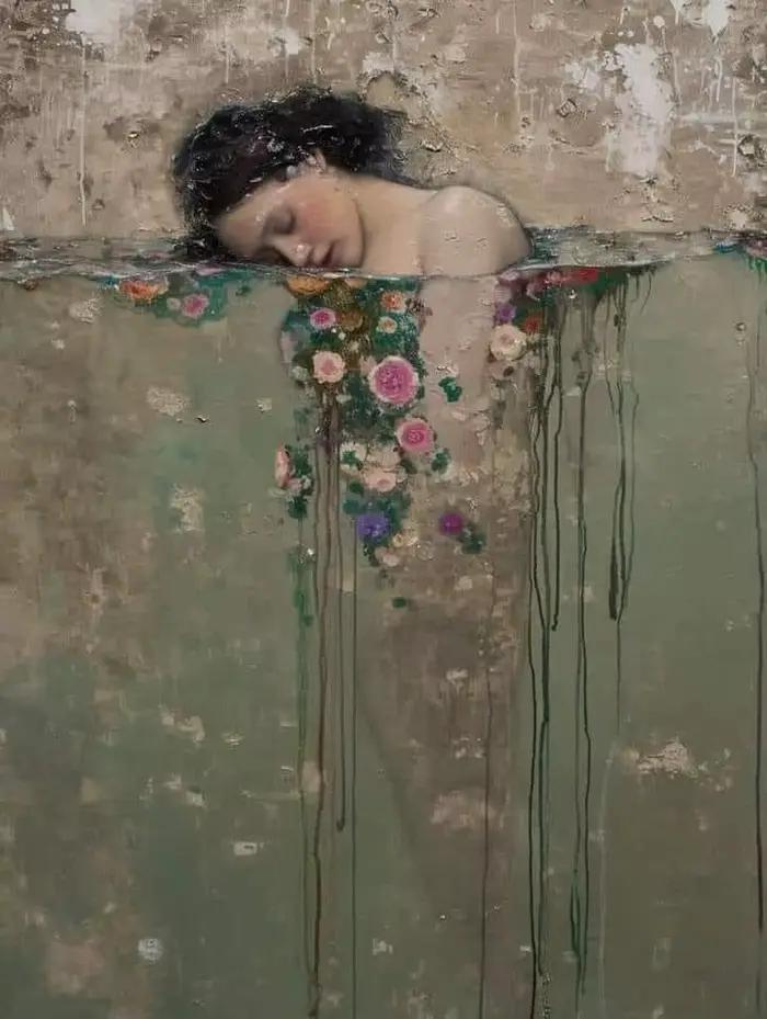 Mihail Zablodski travail Vintage pétales femme élégante dans l'eau Art affiches imprimer rêveur femm