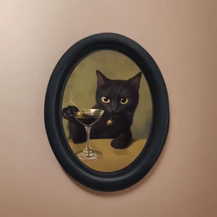1 décoration murale vintage représentant un chat noir buvant un cocktail martini, décoration encadré