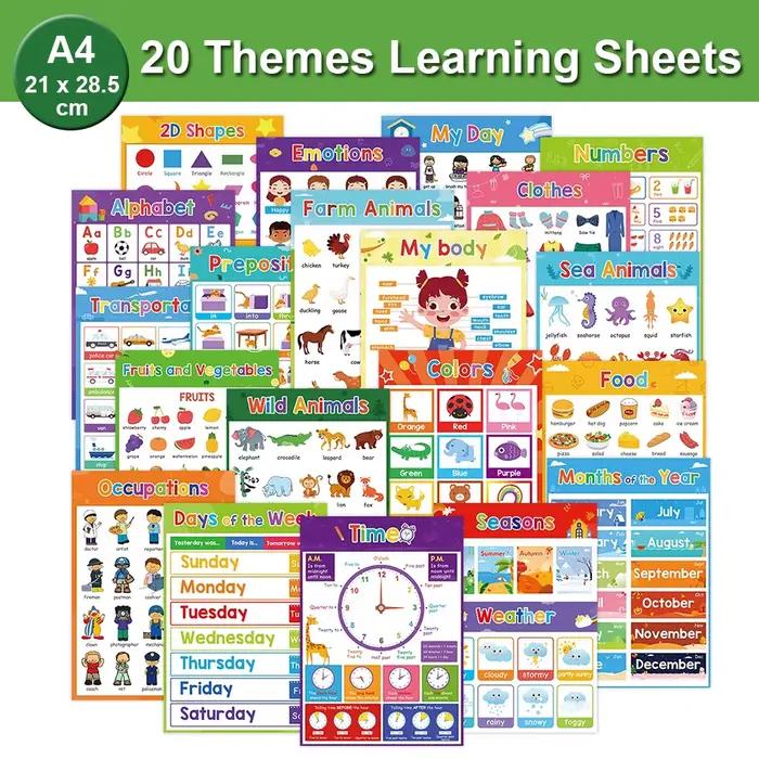 Affiches éducatives pour enfants d'âge préscolaire, mots anglais, tableaux d'apprentissage, outils p
