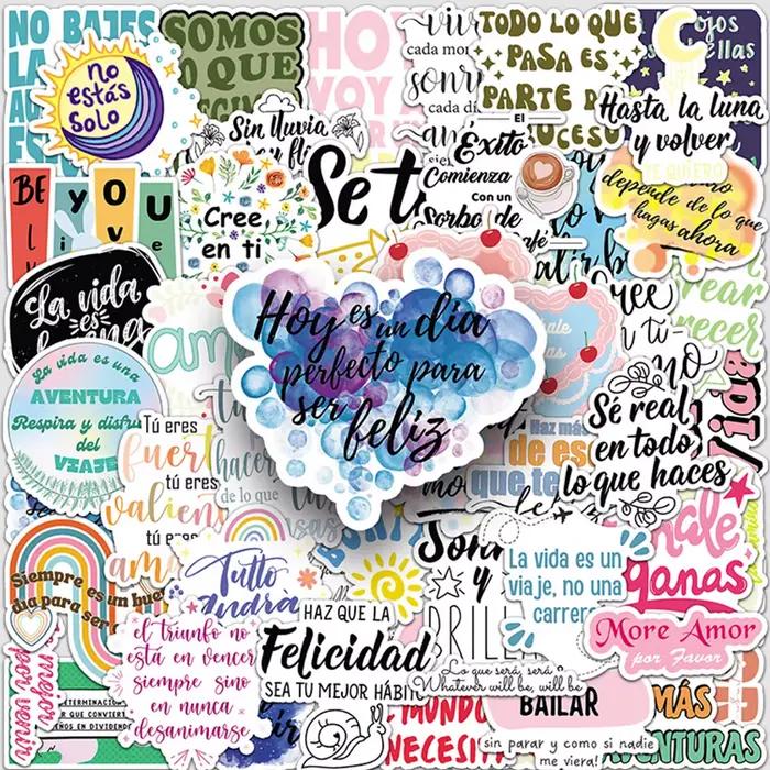 50 autocollants graphiques espagnols inspirants avec des phrases de texte créatives personnalisées p