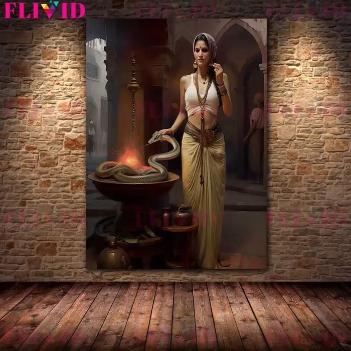 Toile d'art mural Vintage la belle fille indienne et le serpent, peinture la fille jouant avec des s