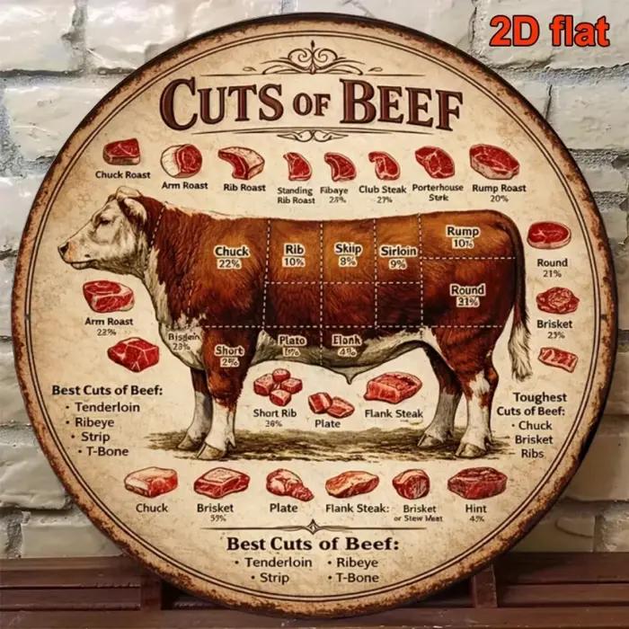 Panneau en aluminium rond 2D plat rétro avec tableau de découpe de viande - Guide de découpe de stea