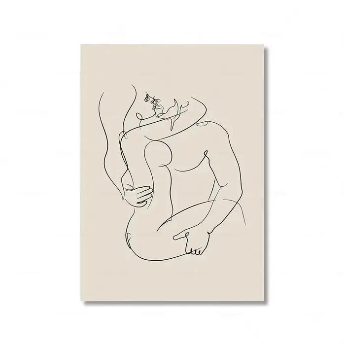 1 pièce, affiche et impression d'art mural en toile, dessin au trait de couple, couple se tenant la 