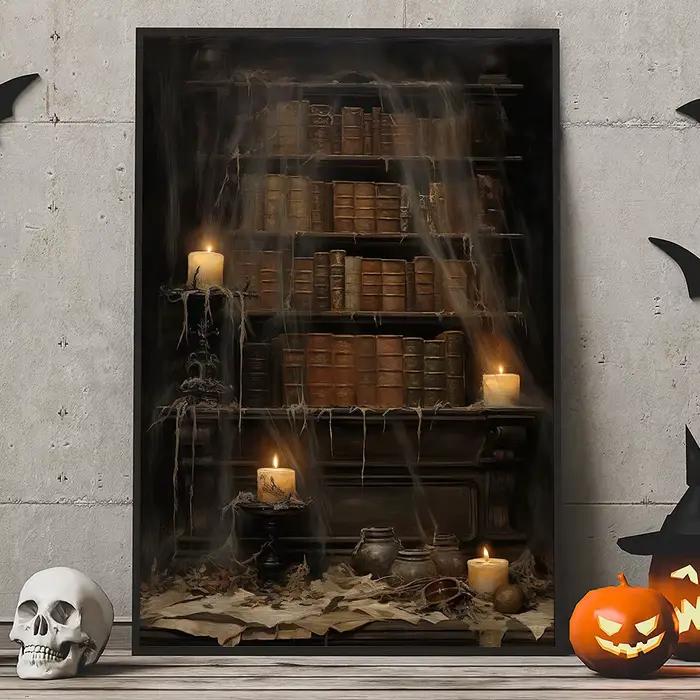 Affiche de château d'Halloween, corbeau foncé, corbeau et lampe, affiche de bibliothèque victorienne