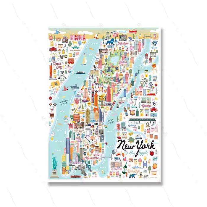 Affiche murale d'art de la carte de pomme Manhattan de New York, décor d'illustration fantaisiste im
