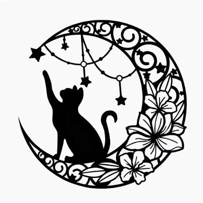 Décoration murale en fer simple avec silhouette de chat noir et lune, artisanat mural, décoration mu