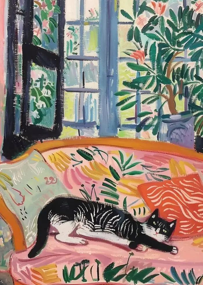Affiche d'art chat noir léopard couché canapé toile peinture impression mur salon décor à la maison 