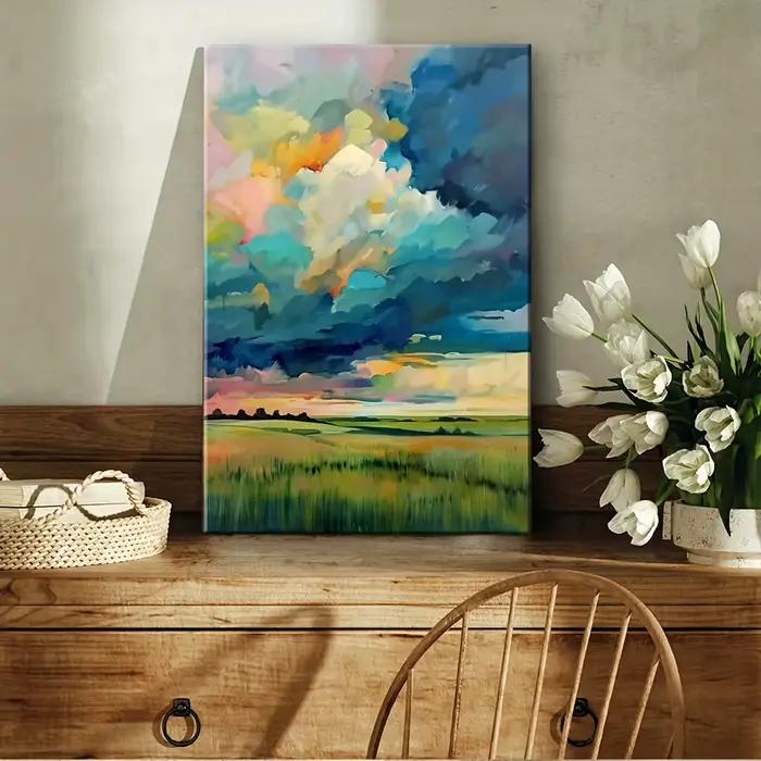 Cadre en bois pour peinture sur toile, paysage de prairie en aquarelle, idéal pour la décoration de 