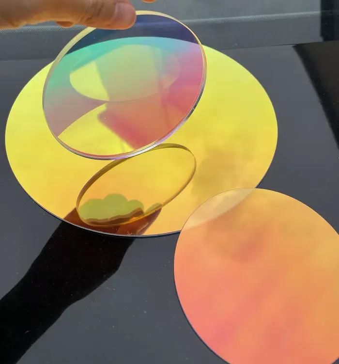 Planche arc-en-ciel en plexiglas laser, feuille irisée et rayonnante, acrylique, PMMA, ronde, organi