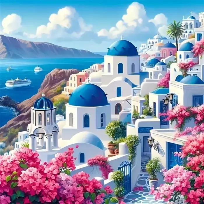 Peinture de paysage de maison sans cadre, mosaïque de diamants, mer Égée, image DIY en strass, brode