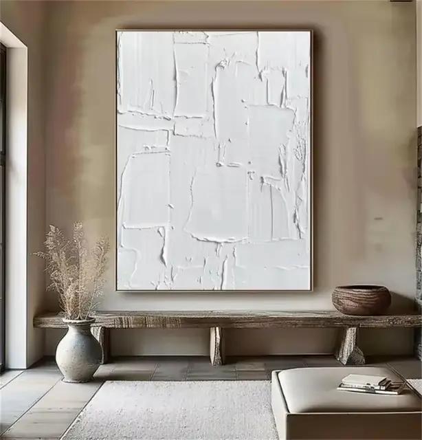 Art mural texturé abstrait minimaliste blanc, peinture de vagues océaniques sur toile, décoration mu