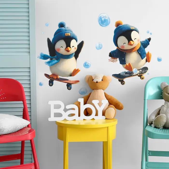Autocollant Mural de skateboard pingouin de dessin animé, pour chambre d'enfants, décoration murale 