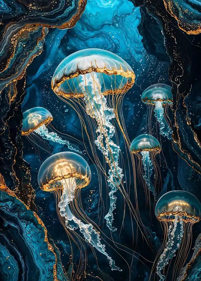 Affiches de méduses colorées vibrantes, faune marine, imprimés de corail nautique, peinture sur toil