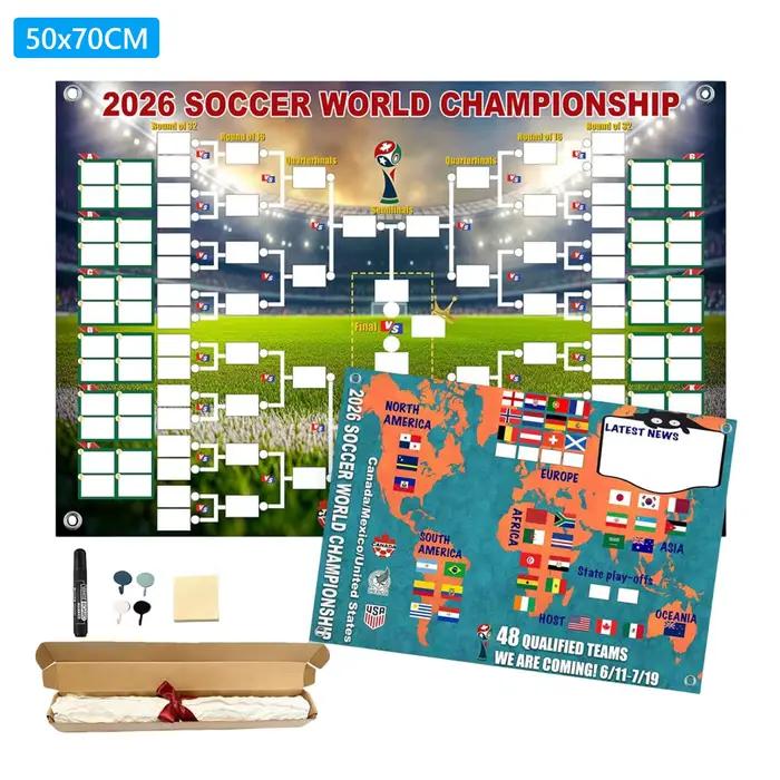 Affiche du programme du Championnat du Monde de Football 2026 et collection de cadeaux pour les fans