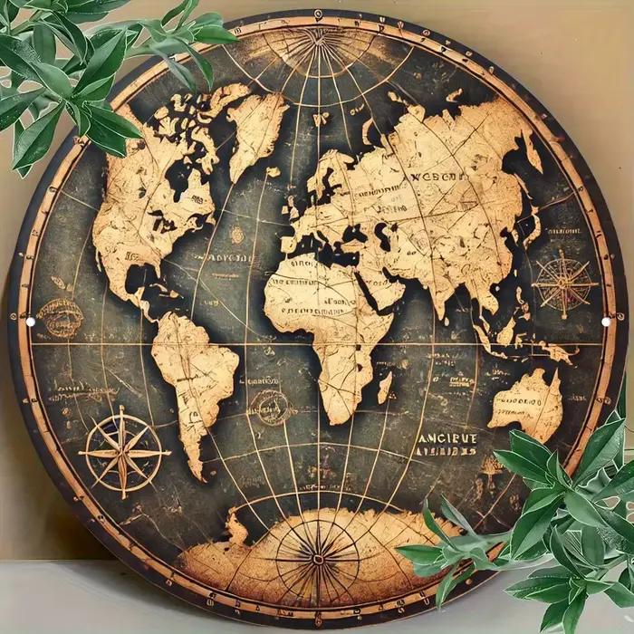 Décoration murale rétro - Tableau décoratif rond en bois avec motif de carte du monde en relief, pou