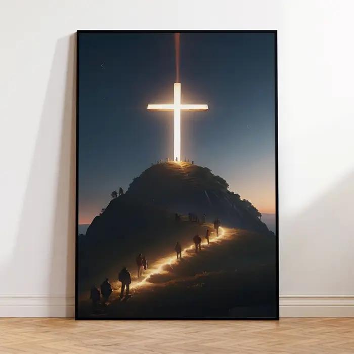 Toile d'art mural avec croix chrétienne moderne sur le dessus de la montagne, affiches de croyants d