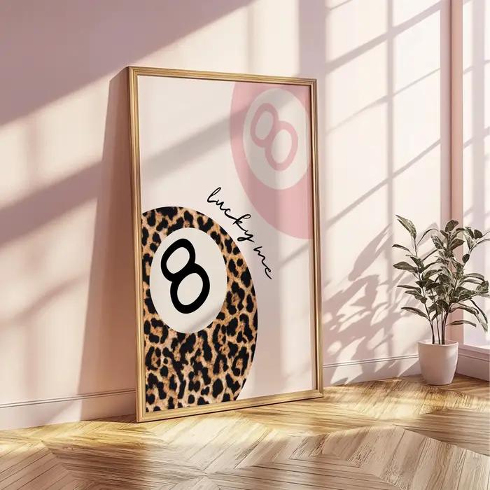 Toile d'animal guépard léopard rose, peinture murale porte-bonheur, affiche imprimée de 8 boules, dé