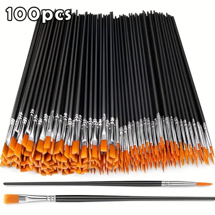 100 pinceaux en nylon noir avec pointes plates et rondes, adaptés à la peinture à l'huile, à l'aquar