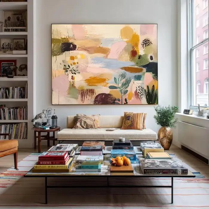 Art mural abstrait coloré peint à la main, peinture sur toile rose pastel et bleue, grande décoratio