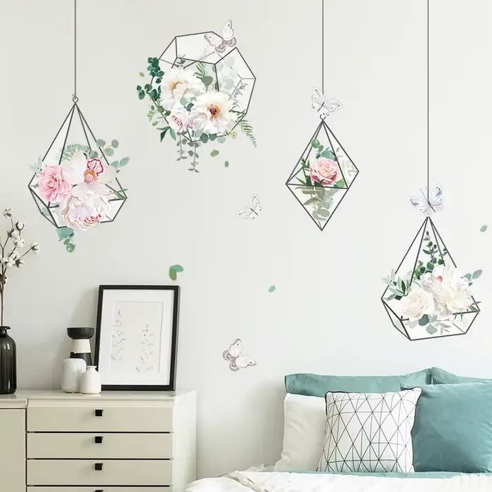 Autocollant Mural panier suspendu fleurs fraîches, décoration de fond de canapé, plante murale, embe