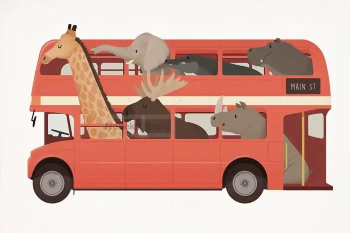 Affiche d'animaux amusants sur voiture, imprimés d'aventure d'animaux de dessin animé pour pépinière