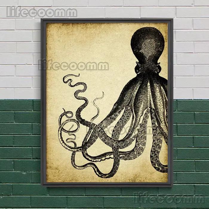 Biologie marine de salle de bains de poulpe, peinture sur toile d'art mural Vintage poulpe, molusc, 