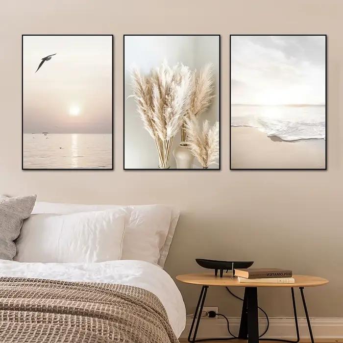 3 pièces lever du soleil plage vague de mer Beige paysage impressions sur toile parfait paysage natu